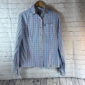 BERETTA Womens Pink Blue Plaid Long Sleeve‎ M Medium Button Down Shirt
